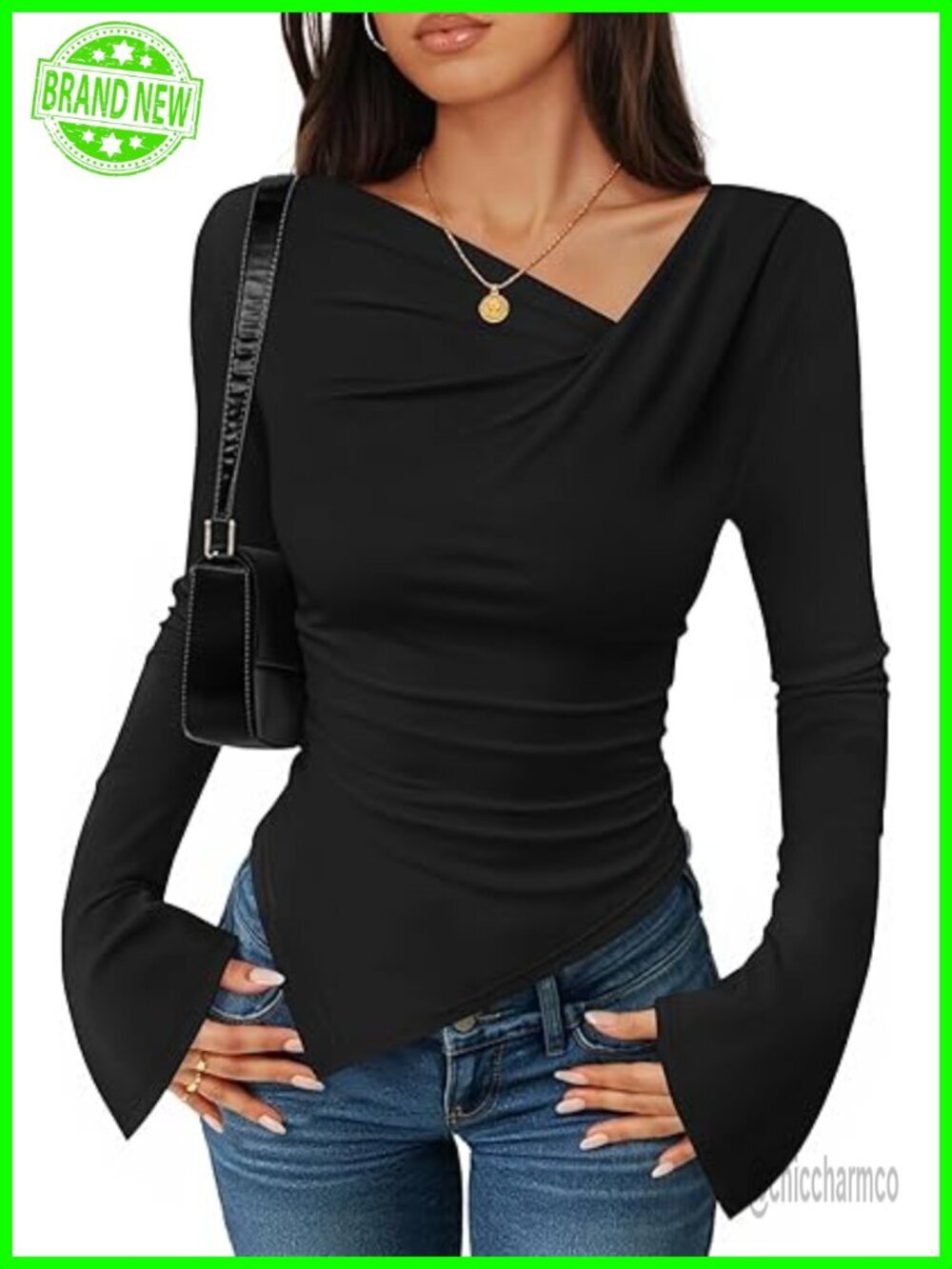 Long Bell Sleeve Asymmetrical Crop Top Slim Fit Ribbed Ruched Y2K Top